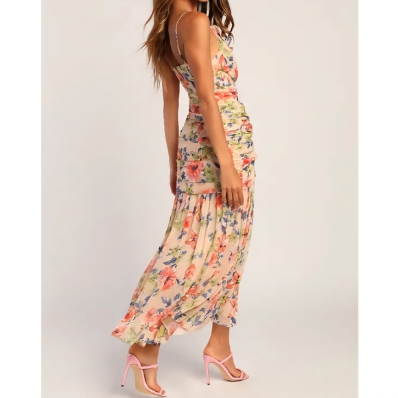 NWT Lulus | Stunning Soiree Blush Pink Floral Print Ruched Midi Dress Womens XL - Picture 4 of 10